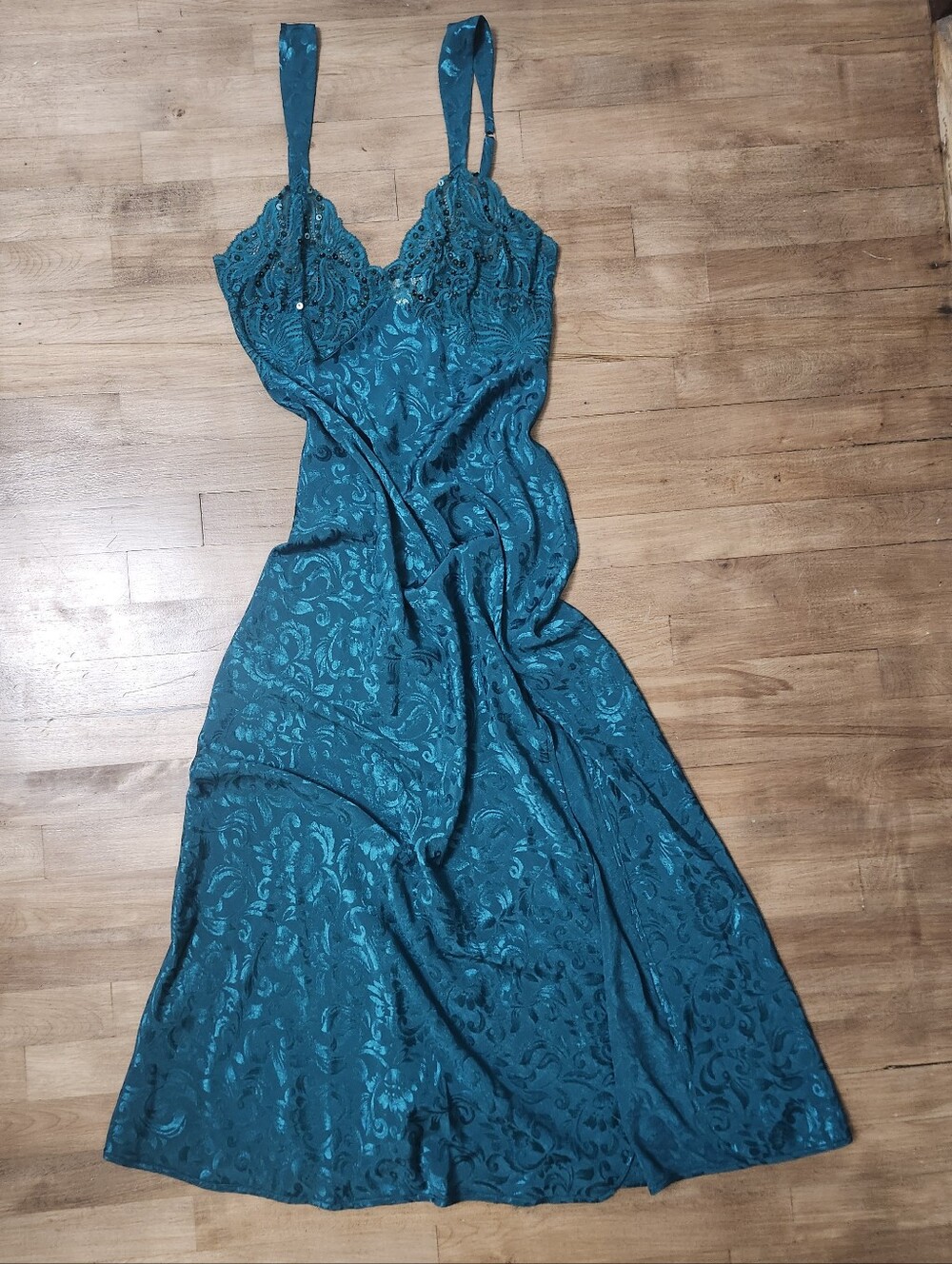 Victoria's Secret Teal Satin Lace-Trim Slip Dress - Picture 1 of 4